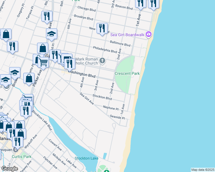 map of restaurants, bars, coffee shops, grocery stores, and more near 207 Trenton Blvd in Sea Girt