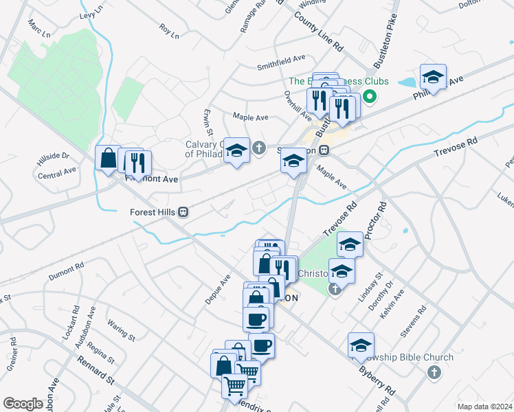 map of restaurants, bars, coffee shops, grocery stores, and more near 307 Laura Lane in Philadelphia