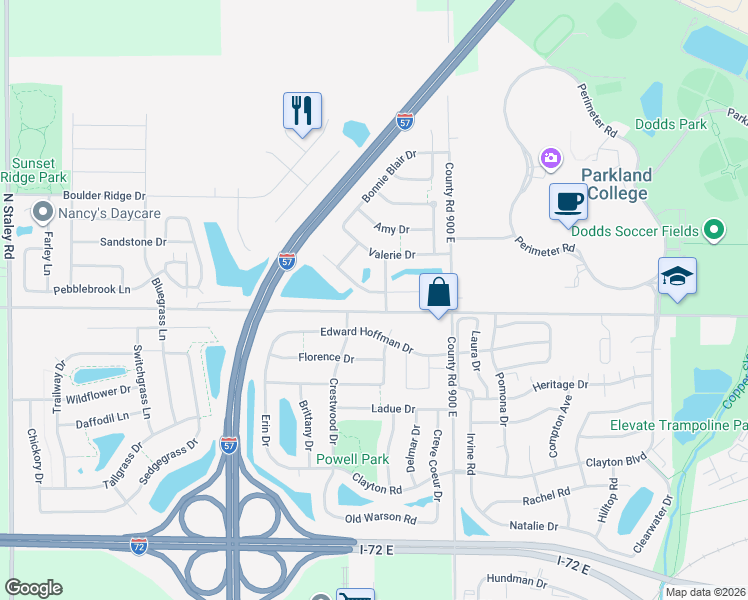 map of restaurants, bars, coffee shops, grocery stores, and more near 3203 Timberline Drive in Champaign