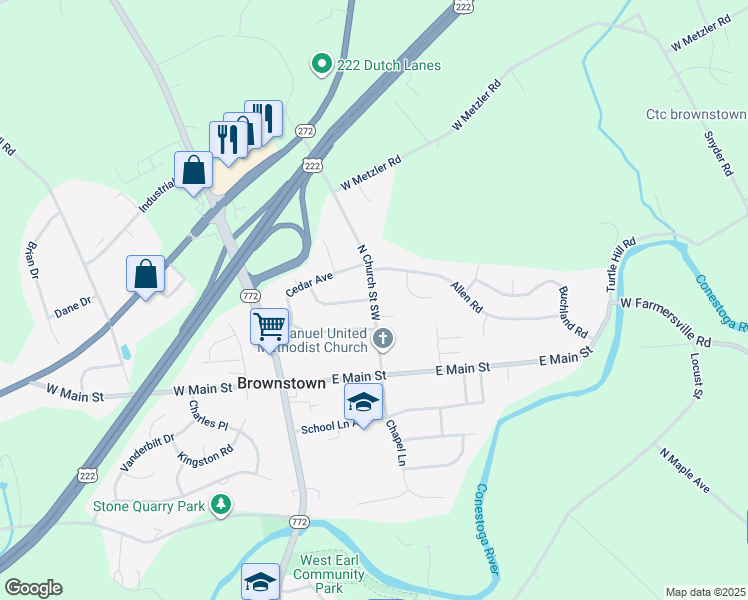 map of restaurants, bars, coffee shops, grocery stores, and more near 40 North Church Street Southwest in Ephrata
