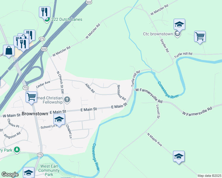 map of restaurants, bars, coffee shops, grocery stores, and more near 84 Buchland Road in Ephrata