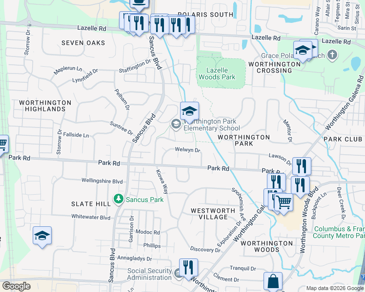 map of restaurants, bars, coffee shops, grocery stores, and more near 1056 Welwyn Drive in Westerville