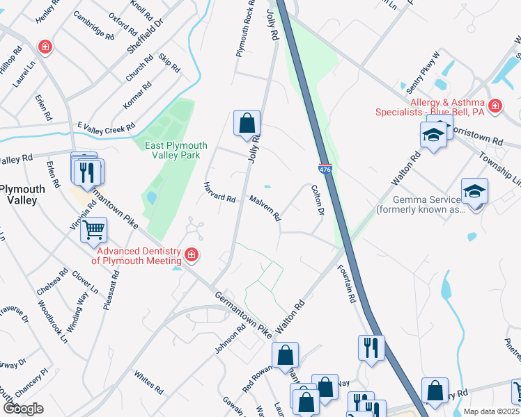 map of restaurants, bars, coffee shops, grocery stores, and more near 6 Malvern Road in Plymouth Meeting