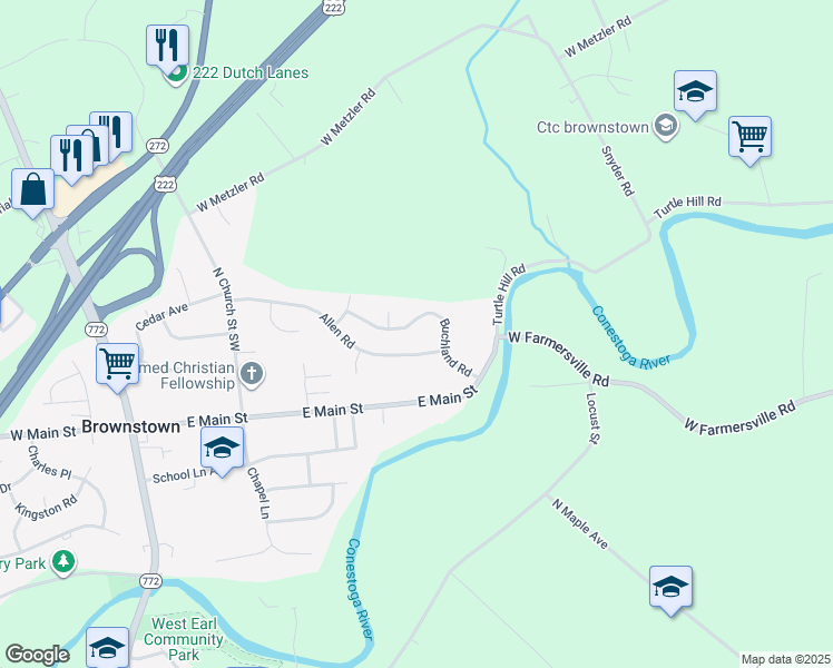 map of restaurants, bars, coffee shops, grocery stores, and more near 84 Buchland Rd in Ephrata
