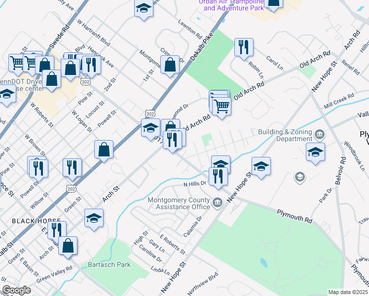 map of restaurants, bars, coffee shops, grocery stores, and more near 311 East Johnson Highway in Norristown