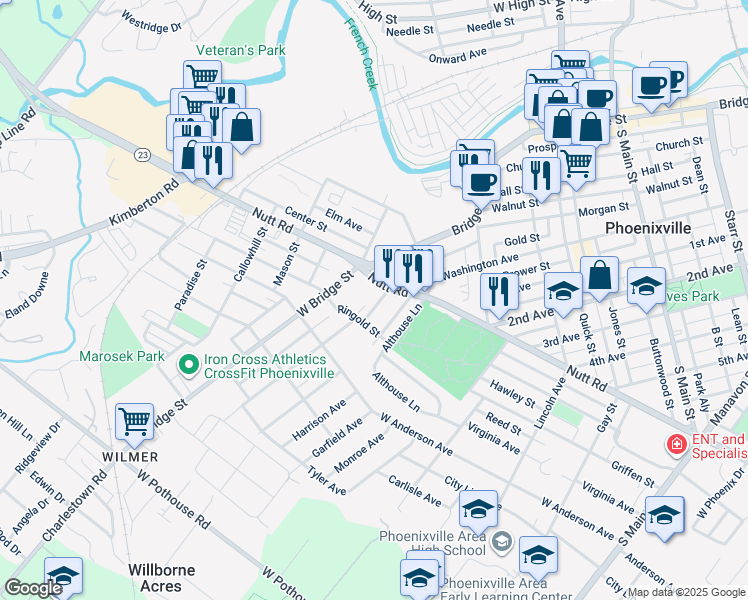 map of restaurants, bars, coffee shops, grocery stores, and more near 8 Cherry Street in Phoenixville