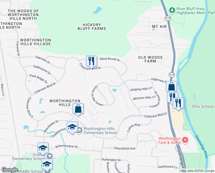 map of restaurants, bars, coffee shops, grocery stores, and more near 1011 Circle on the Green in Columbus