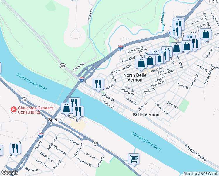 map of restaurants, bars, coffee shops, grocery stores, and more near 128 State Street in Belle Vernon