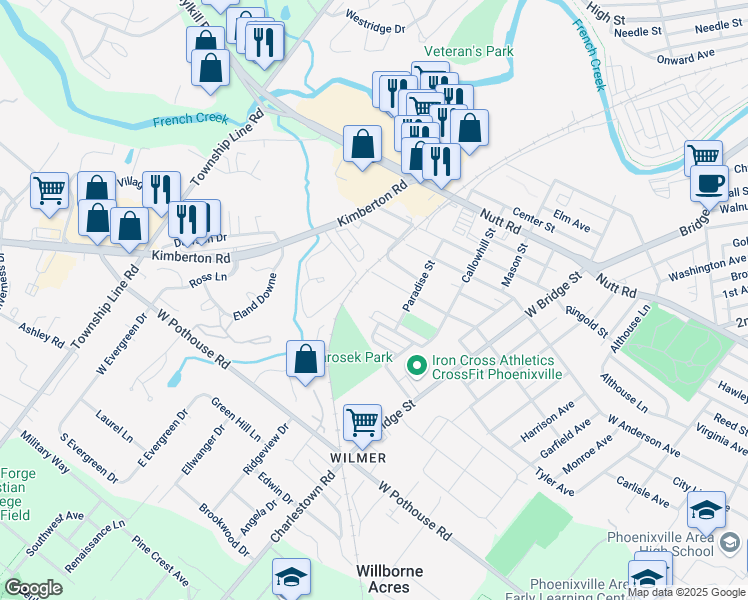 map of restaurants, bars, coffee shops, grocery stores, and more near 945 Woodlawn Avenue in Phoenixville