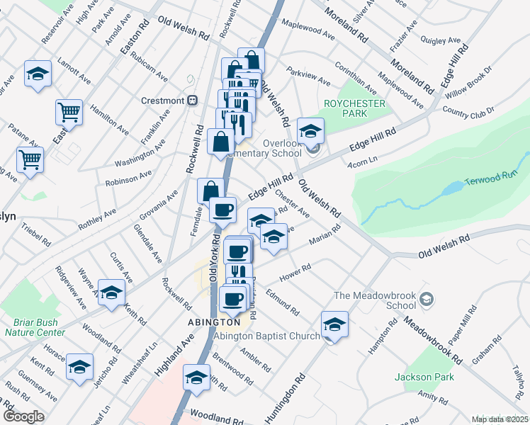 map of restaurants, bars, coffee shops, grocery stores, and more near 1574 Williams Road in Abington