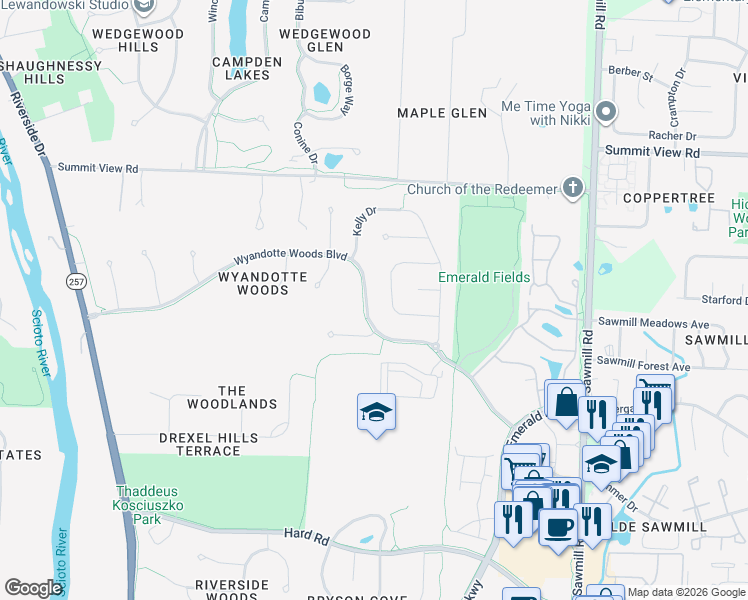 map of restaurants, bars, coffee shops, grocery stores, and more near 4152 Wyandotte Woods Boulevard in Dublin