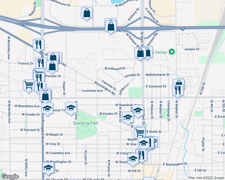map of restaurants, bars, coffee shops, grocery stores, and more near 309 Fairview Drive in Champaign