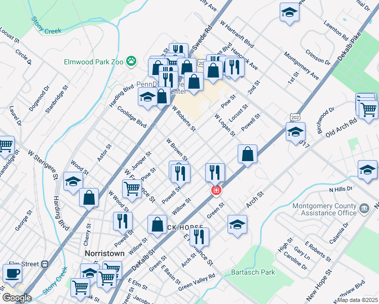 map of restaurants, bars, coffee shops, grocery stores, and more near 1615 Locust Street in Norristown