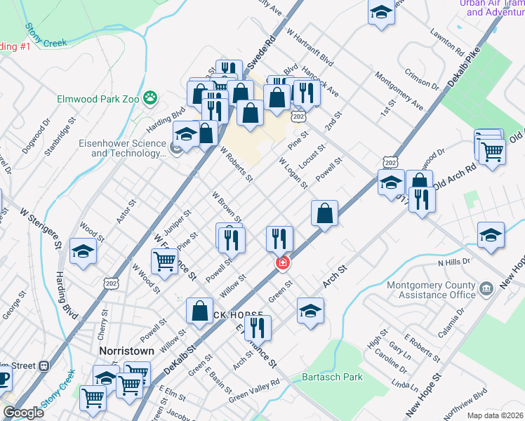 map of restaurants, bars, coffee shops, grocery stores, and more near 1636 Locust Street in Norristown