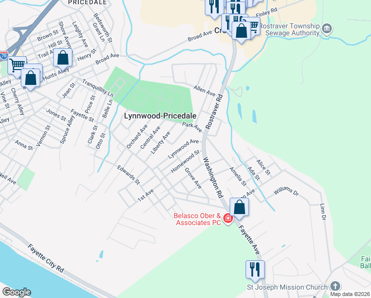 map of restaurants, bars, coffee shops, grocery stores, and more near 141 Homewood Street in Belle Vernon