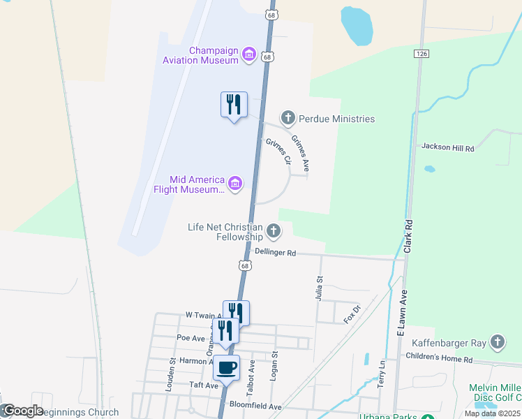 map of restaurants, bars, coffee shops, grocery stores, and more near 1407 Grimes Circle in Urbana