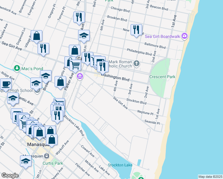 map of restaurants, bars, coffee shops, grocery stores, and more near 402 Trenton Boulevard in Sea Girt