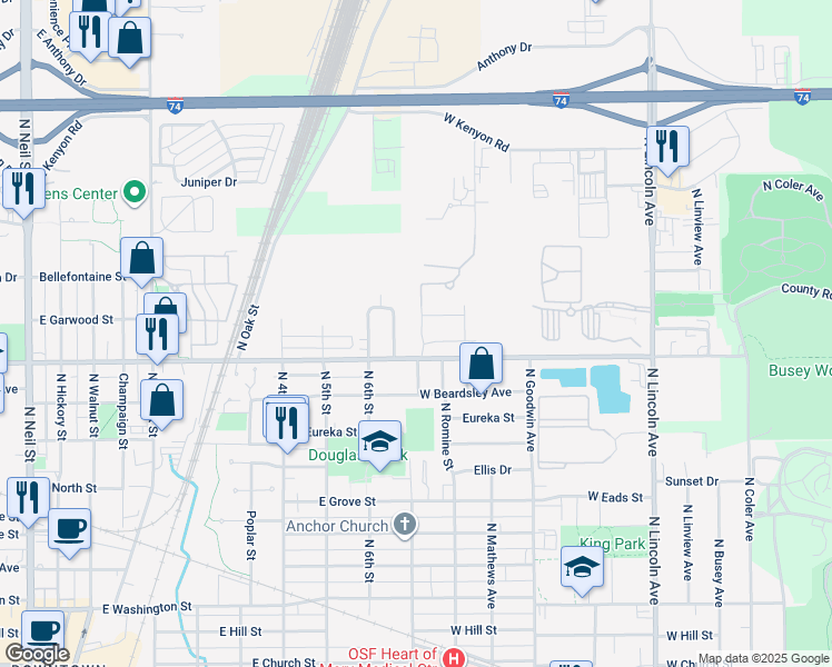 map of restaurants, bars, coffee shops, grocery stores, and more near 1209 Carver Drive in Champaign