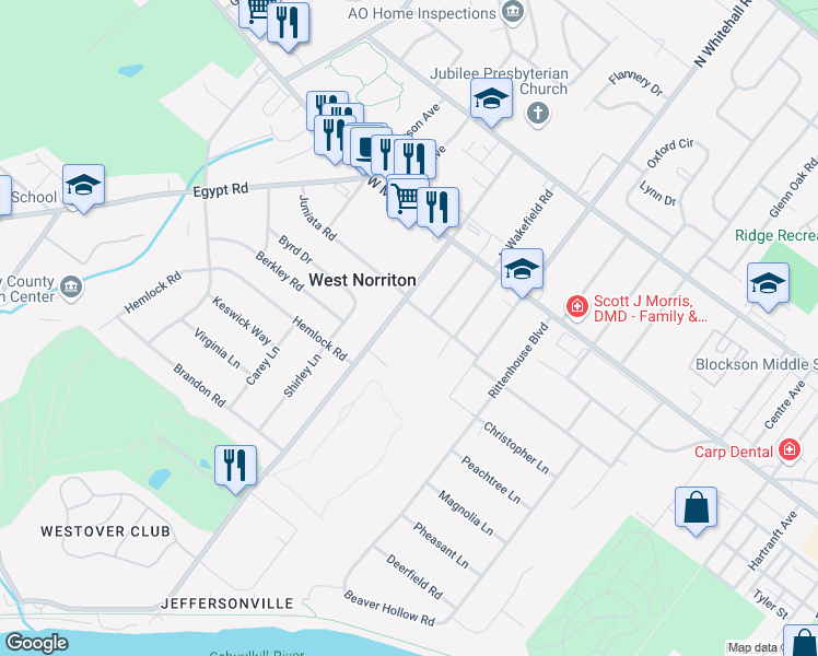 map of restaurants, bars, coffee shops, grocery stores, and more near 108 South Schuylkill Avenue in Norristown