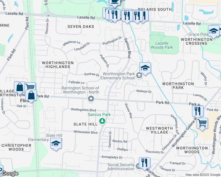 map of restaurants, bars, coffee shops, grocery stores, and more near Sancus Boulevard in Columbus