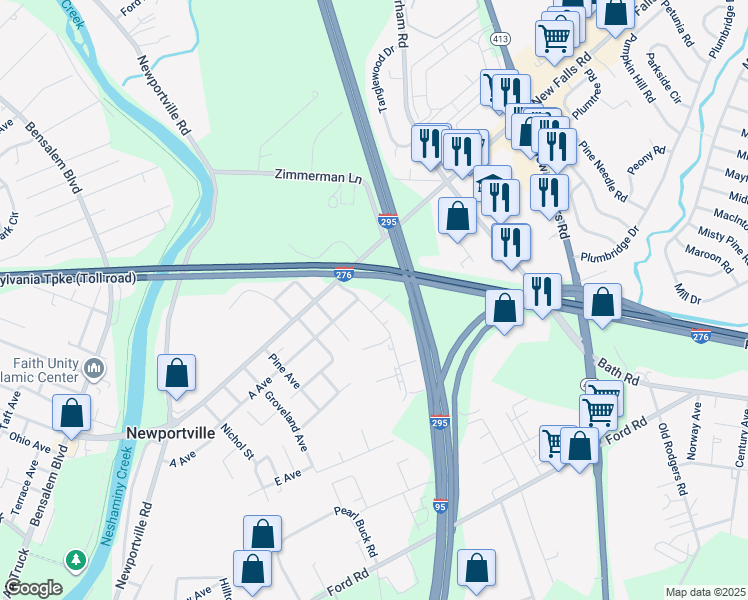 map of restaurants, bars, coffee shops, grocery stores, and more near 2727 B Avenue in Levittown