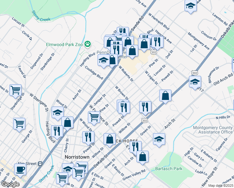 map of restaurants, bars, coffee shops, grocery stores, and more near 1531 Pine Street in Norristown