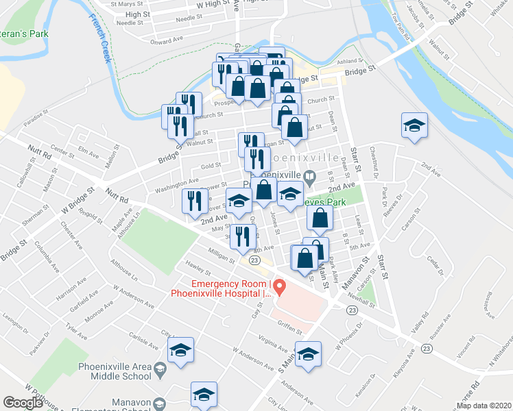 map of restaurants, bars, coffee shops, grocery stores, and more near 332 Gay Street in Phoenixville