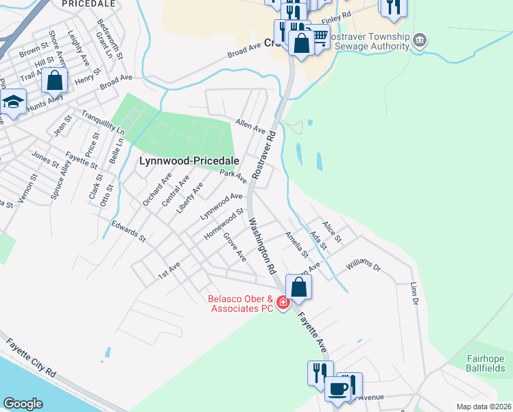 map of restaurants, bars, coffee shops, grocery stores, and more near 805 Washington Road in Belle Vernon