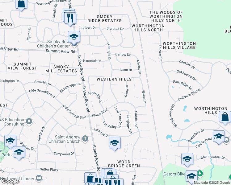 map of restaurants, bars, coffee shops, grocery stores, and more near 8354 Seabright Drive in Powell