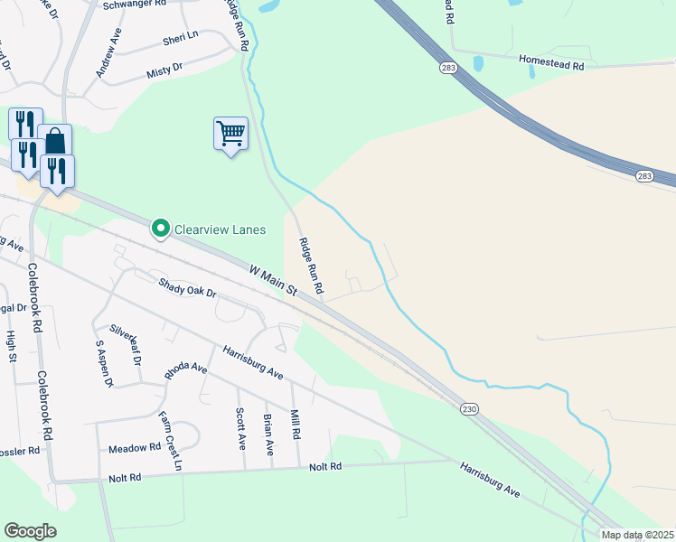 map of restaurants, bars, coffee shops, grocery stores, and more near 226 Ridge Run Road in Mount Joy