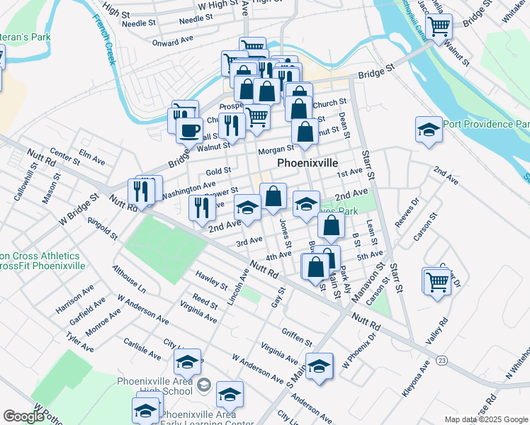 map of restaurants, bars, coffee shops, grocery stores, and more near 324 Gay Street in Phoenixville