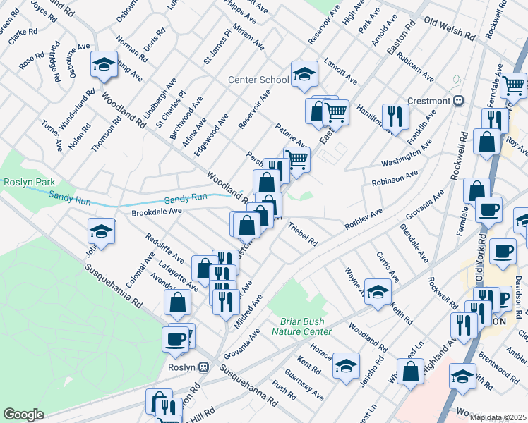 map of restaurants, bars, coffee shops, grocery stores, and more near in Roslyn