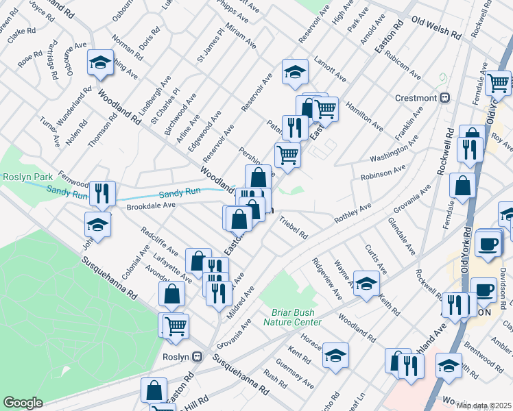 map of restaurants, bars, coffee shops, grocery stores, and more near in Roslyn