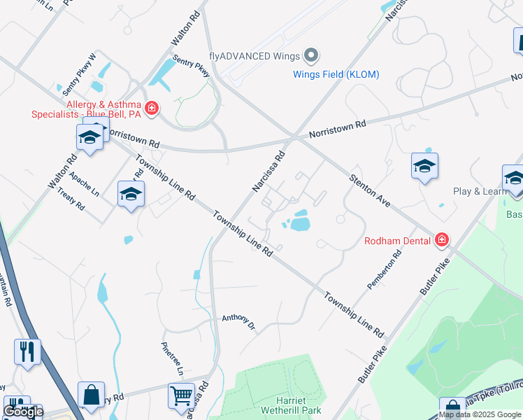 map of restaurants, bars, coffee shops, grocery stores, and more near 38 Winston Court in Blue Bell