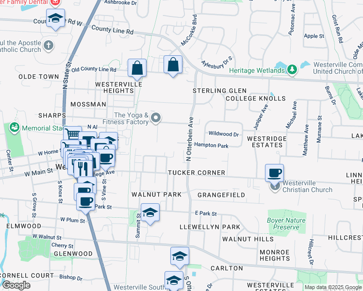 map of restaurants, bars, coffee shops, grocery stores, and more near 250 East Home Street in Westerville