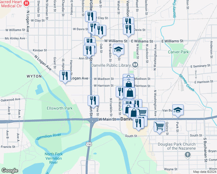 map of restaurants, bars, coffee shops, grocery stores, and more near 100-198 North Franklin Street in Danville