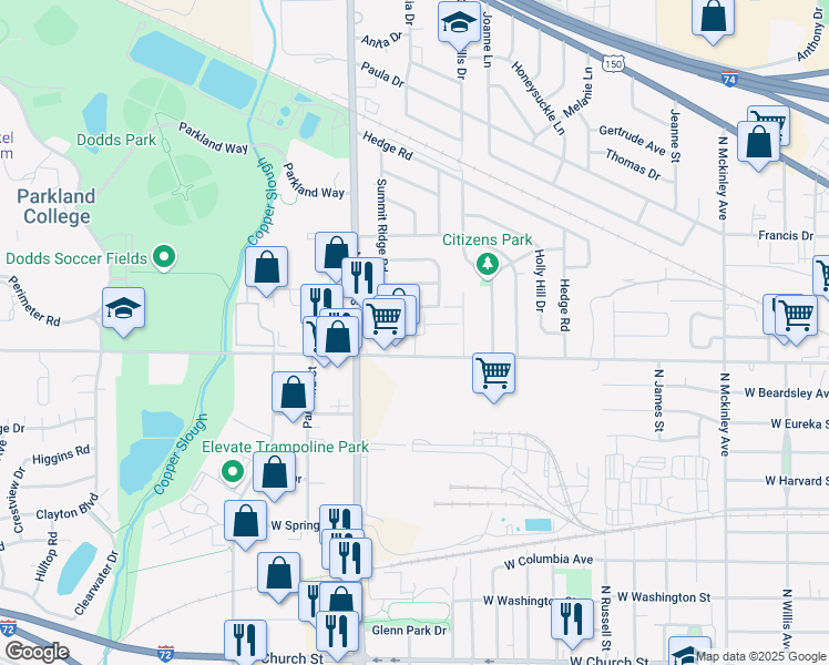 map of restaurants, bars, coffee shops, grocery stores, and more near 1704 West Bradley Avenue in Champaign