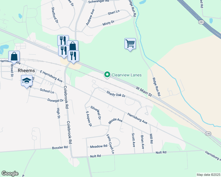 map of restaurants, bars, coffee shops, grocery stores, and more near 2015 Shady Oak Drive in Mount Joy