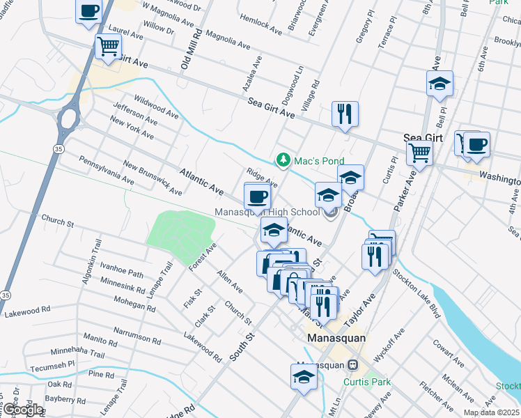 map of restaurants, bars, coffee shops, grocery stores, and more near 102 Atlantic Avenue in Manasquan