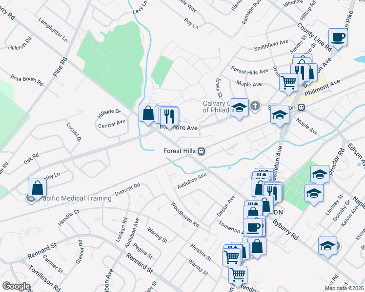 map of restaurants, bars, coffee shops, grocery stores, and more near 243 Byberry Road in Philadelphia