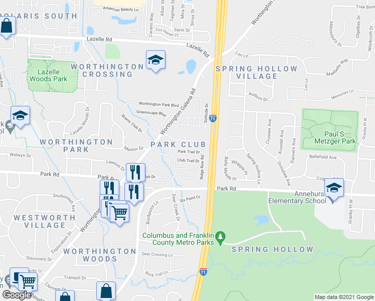 map of restaurants, bars, coffee shops, grocery stores, and more near 1604 Park Trail Drive in Westerville