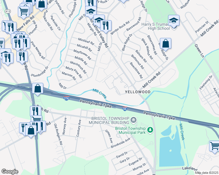 map of restaurants, bars, coffee shops, grocery stores, and more near 181 Devon Way in Levittown