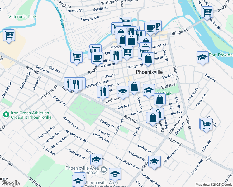 map of restaurants, bars, coffee shops, grocery stores, and more near 359 Grover Street in Phoenixville