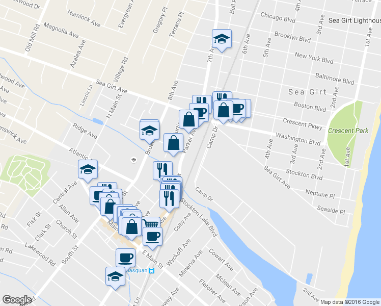 map of restaurants, bars, coffee shops, grocery stores, and more near 224 Parker Avenue in Manasquan