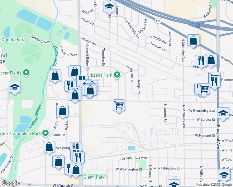map of restaurants, bars, coffee shops, grocery stores, and more near 1207 Garden Hills Drive in Champaign