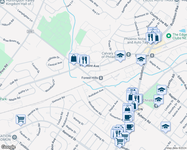 map of restaurants, bars, coffee shops, grocery stores, and more near 13031 Blakeslee Court in Philadelphia