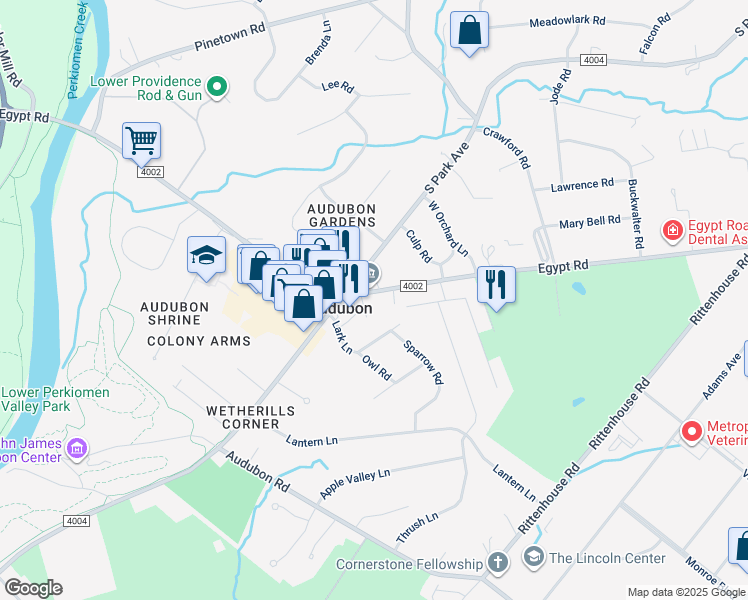 map of restaurants, bars, coffee shops, grocery stores, and more near 2790 Egypt Road in Eagleville