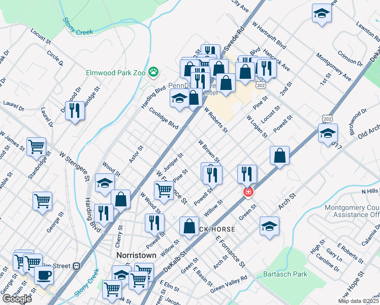 map of restaurants, bars, coffee shops, grocery stores, and more near 1518 Juniper Street in Norristown