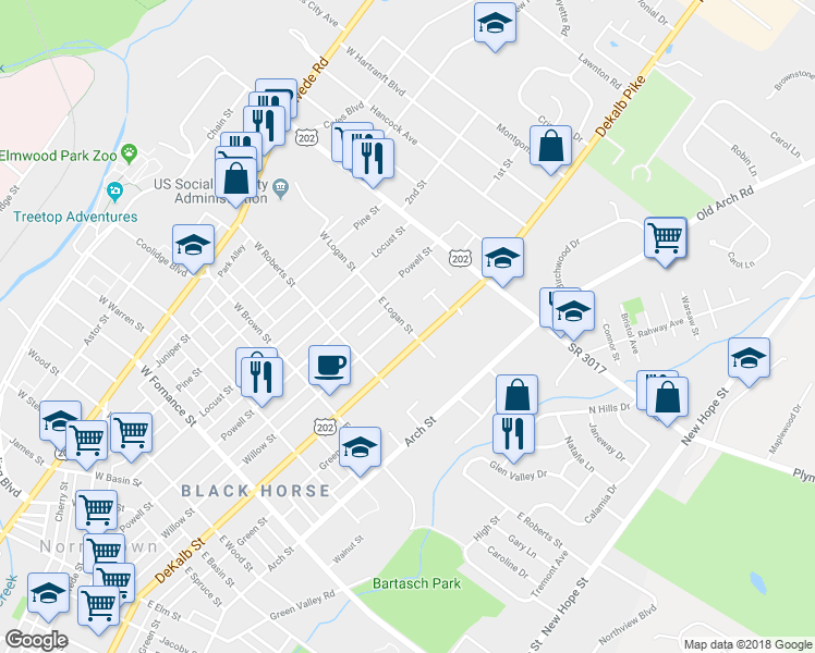 map of restaurants, bars, coffee shops, grocery stores, and more near 5 East Logan Street in Norristown