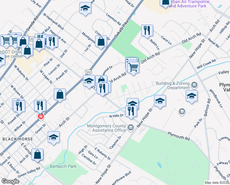 map of restaurants, bars, coffee shops, grocery stores, and more near 219 Connor Street in Norristown